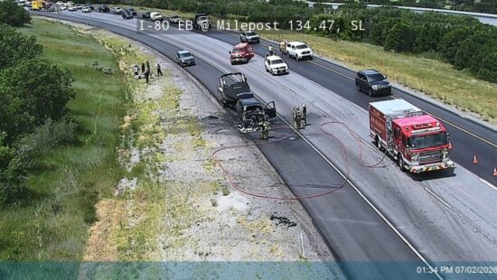 A vehicle fire on I-80 is blocking EB lanes.