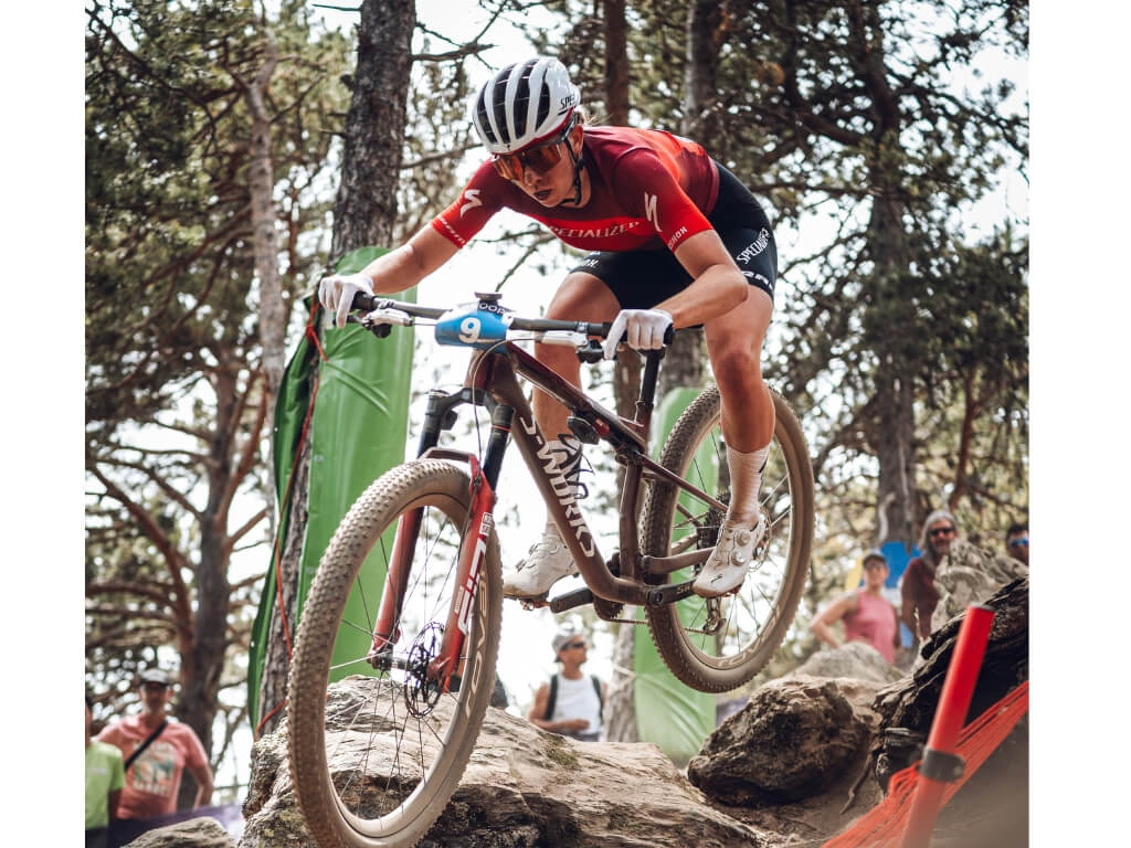 Park City native and Olympic silver medalist Haley Batten navigates a technical section during a cross-country mountain bike race. Batten will compete when the WHOOP UCI Mountain Bike World Series comes to Soldier Hollow Sept. 19-20.