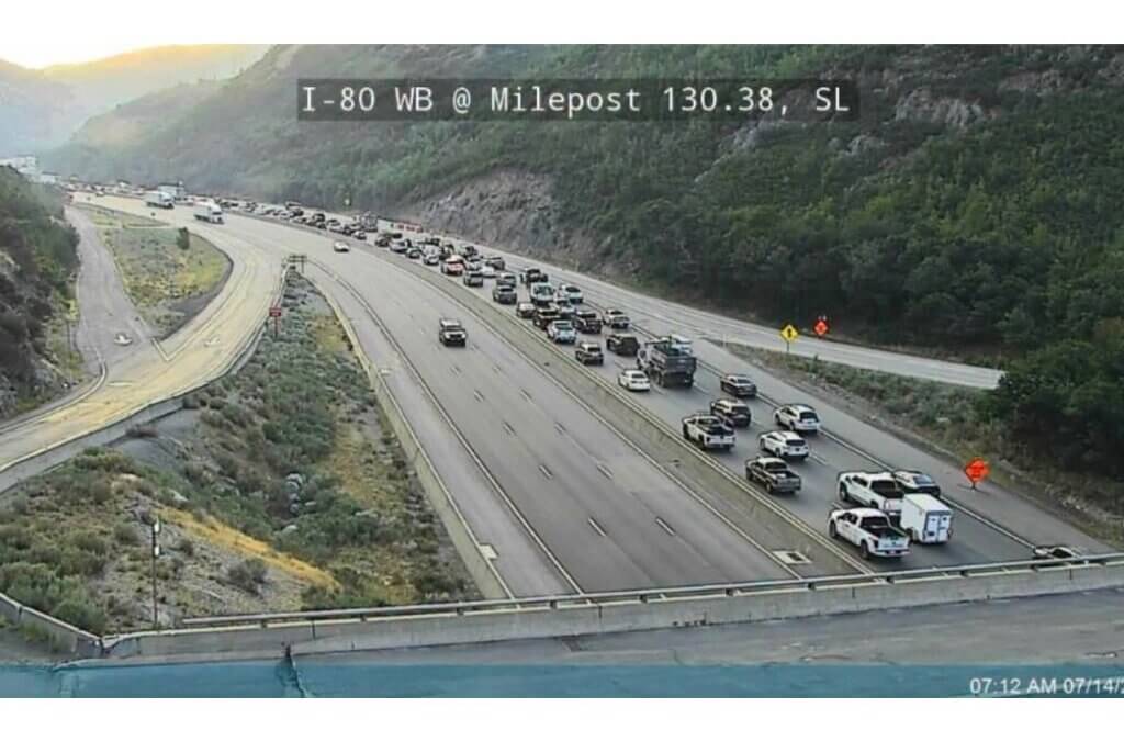 Traffic moves through Parley’s Canyon, where a grass fire affected eastbound I-80 Tuesday morning.