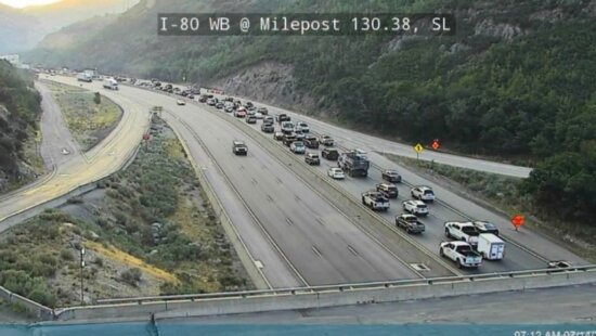 Traffic moves through Parley’s Canyon, where a grass fire affected eastbound I-80 Tuesday morning.