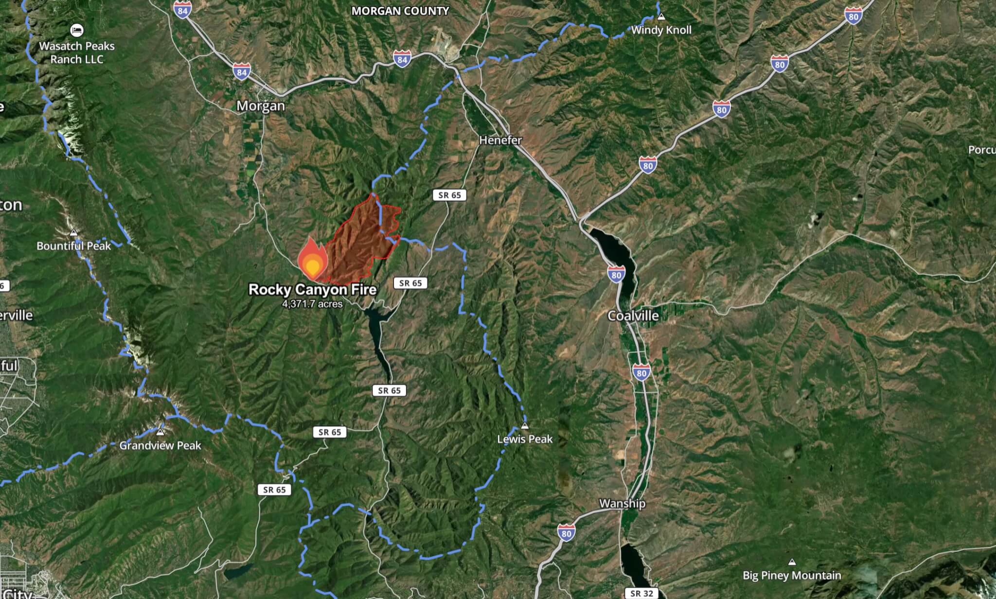 A map shows the perimeter of the Rocky Canyon Fire burning near the Morgan/Summit County line as of Sunday morning, Aug. 9, 2026. The fire is mapped at 4,371.7 acres, according to a perimeter uploaded to the National Interagency Fire Center.