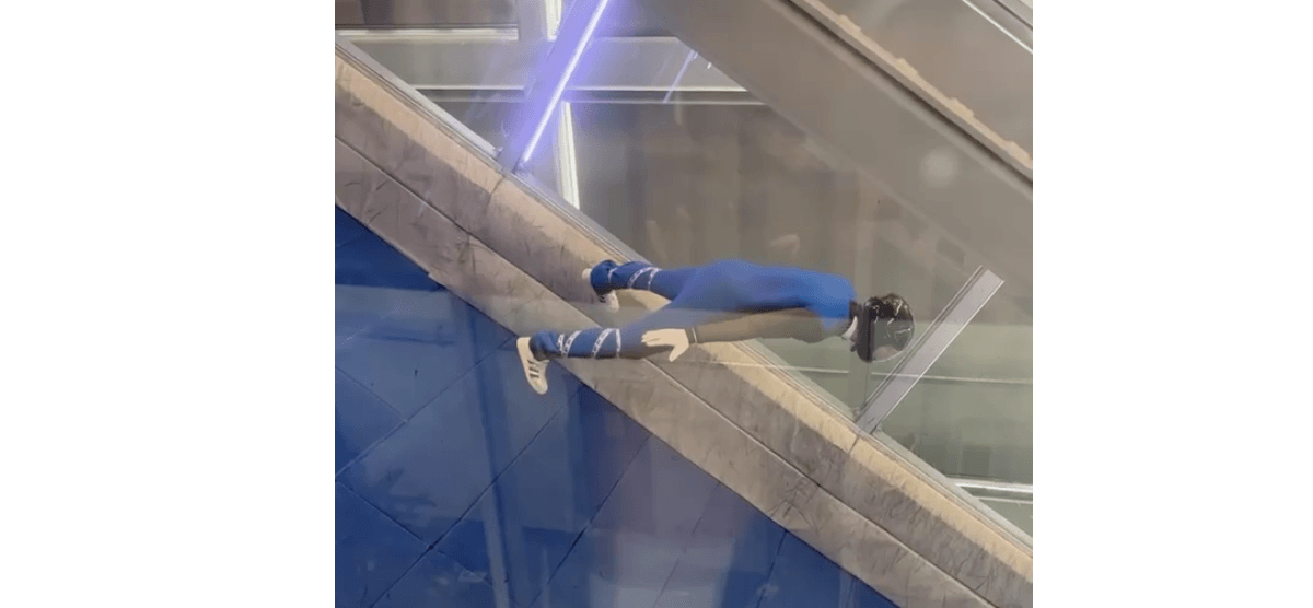 Augie Roepke trains in Europe in a wind tunnel for nordic ski jumping.