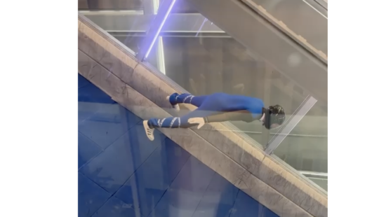 Augie Roepke trains in Europe in a wind tunnel for nordic ski jumping.