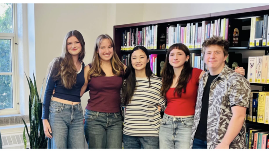 (L-R) Ella Carlson, Sammy Vogel, Mia Sawyer, Grace Canada, and Alec Lebwohl at the Park City Library discussing lessons learned at Park City High School including but not limited to debate/current events/history/health/theater/nonprofits/media.