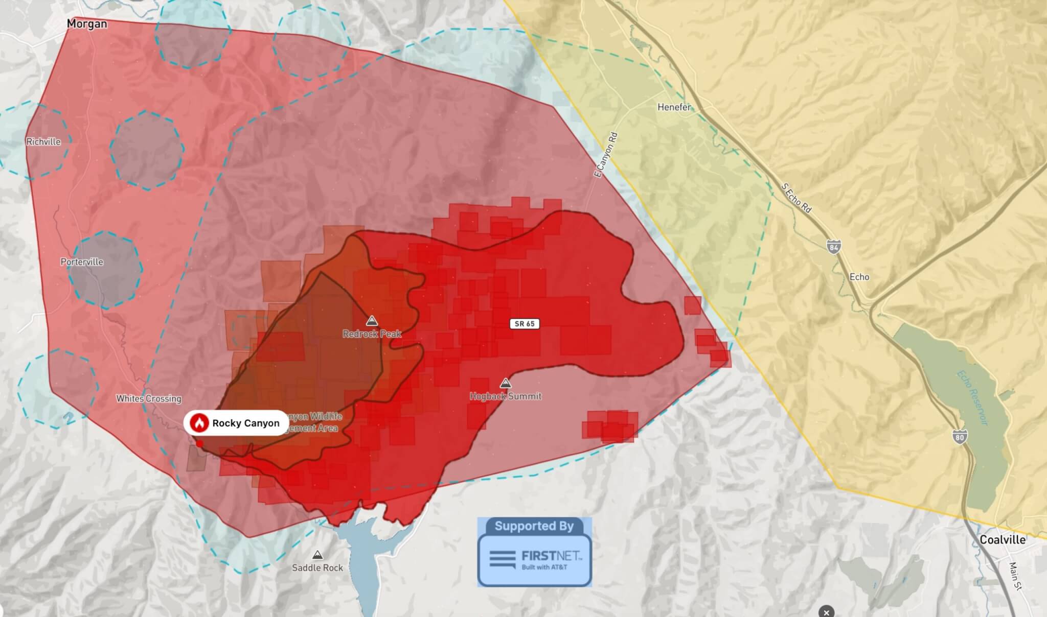 A map shows the Rocky Canyon Fire's footprint as of Monday morning, Aug. 10, 2026, with the fire's eastern edge pushing toward Henefer and the I-80/I-84 corridor.