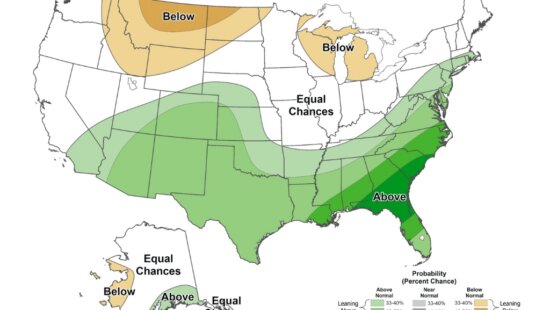 NOAA’s seasonal precipitation outlook for December through February shows northern Utah near an area where below-normal precipitation is favored, while southern Utah leans toward above-normal precipitation. The outlook reflects probabilities, not projected snowfall totals or individual storms.