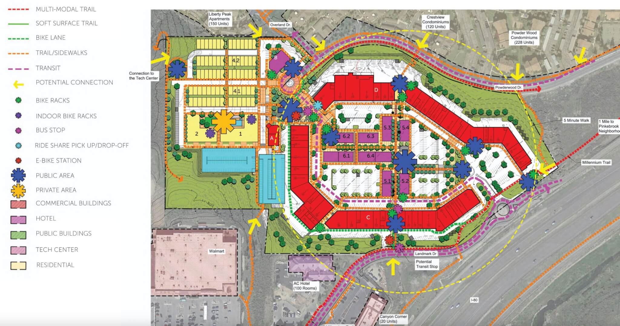 A site plan shows the proposed Junction Commons mixed-use redevelopment in Kimball Junction, including housing, commercial space, pedestrian and bike connections, transit stops and public gathering areas.