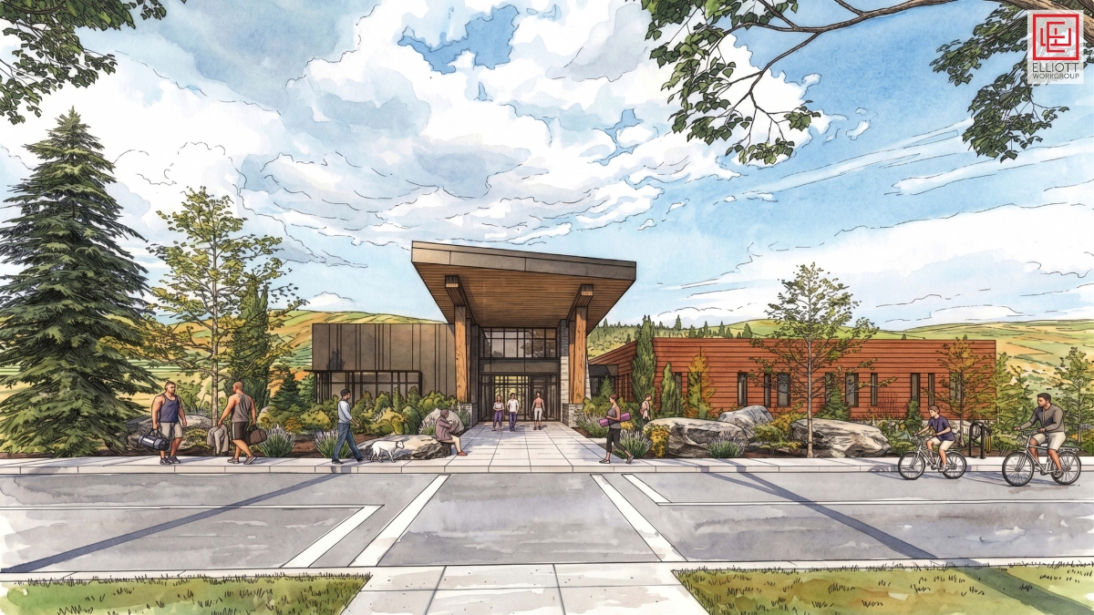Renderings of the new Basin Recreation facility exterior.