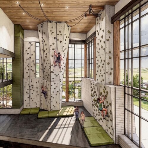 Renderings of Basin Recreation's new facility features an entire climbing gym with bouldering areas.
