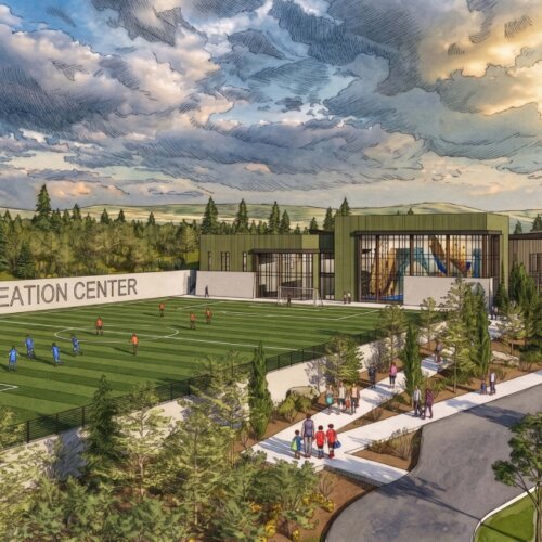 Renderings of the athletic fields for the new Basin Recreation center.