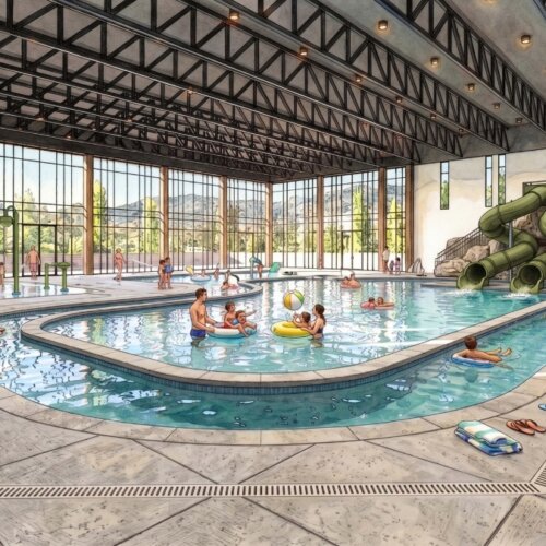 Basin Recreation's new facility rendering showing the indoor pool complete with two slides, a splash pad, and lazy river.