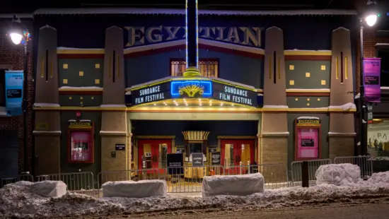 The Egyptian Theatre in Park City, Utah, on the night prior to the Sundance Film Festival 2024.