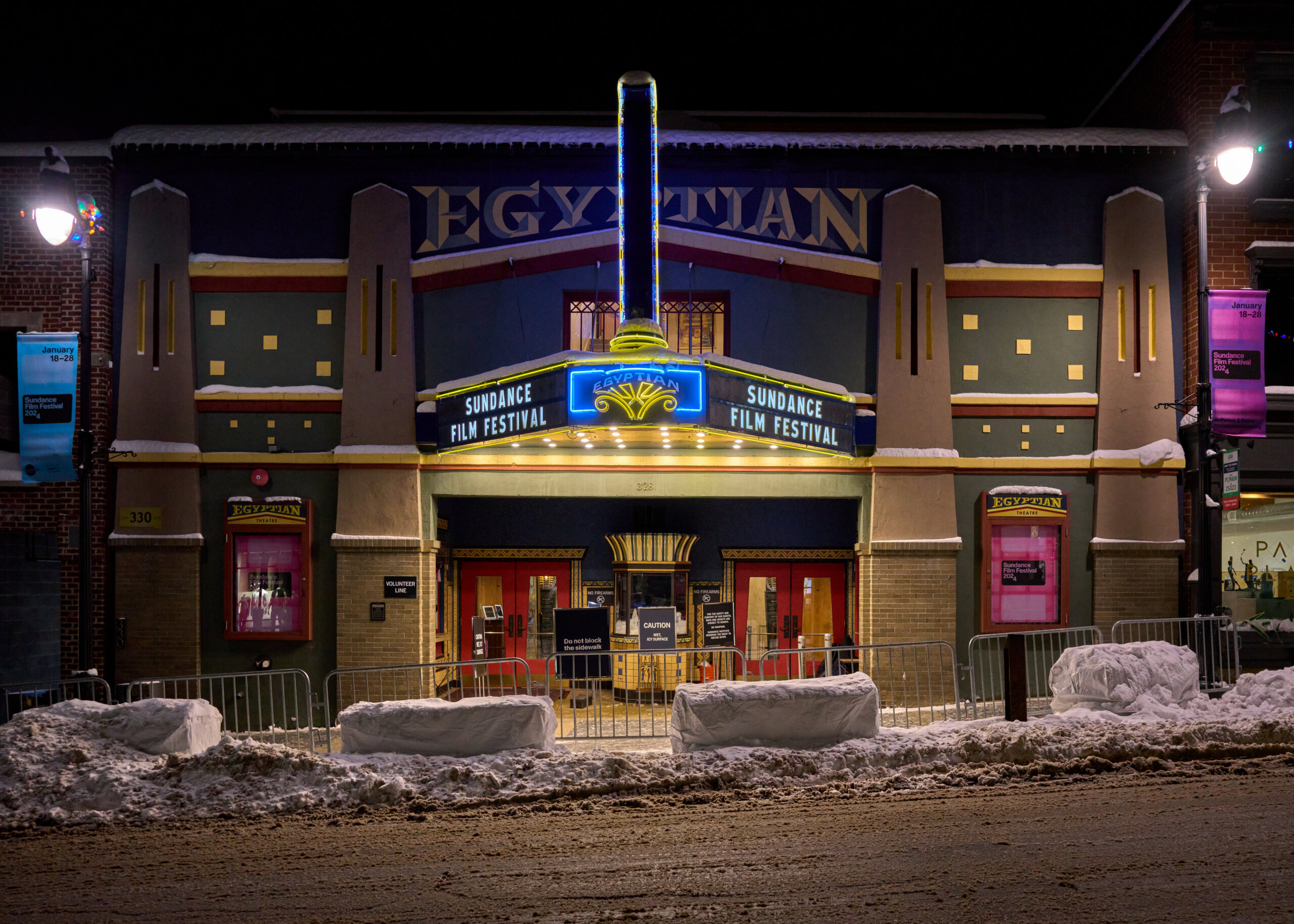 The Egyptian Theatre in Park City, Utah, on the night prior to the Sundance Film Festival 2024.
