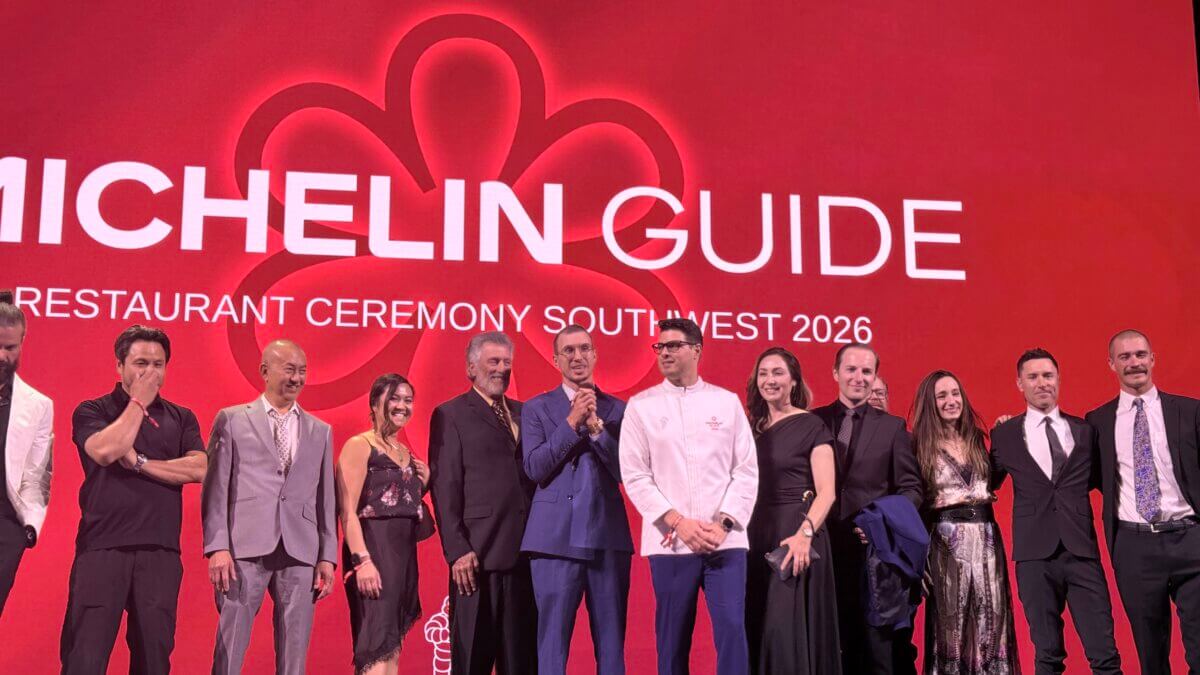Representatives from restaurants recognized in the inaugural MICHELIN Guide Southwest gather onstage during the 2026 MICHELIN Guide Restaurant Ceremony in Las Vegas. HANDLE was among three Park City restaurants to earn a MICHELIN Recommended designation.