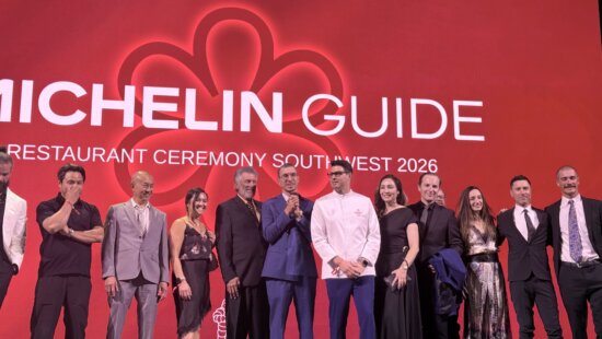 Representatives from restaurants recognized in the inaugural MICHELIN Guide Southwest gather onstage during the 2026 MICHELIN Guide Restaurant Ceremony in Las Vegas. HANDLE was among three Park City restaurants to earn a MICHELIN Recommended designation.