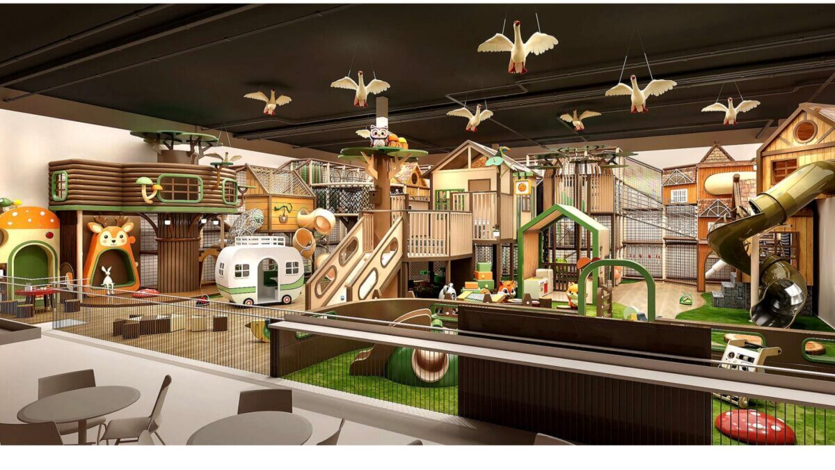 The design of Treehouse Park City is meant to evoke a woodland setting rather than the brightly lit, high-stimulation feel of many indoor playgrounds.