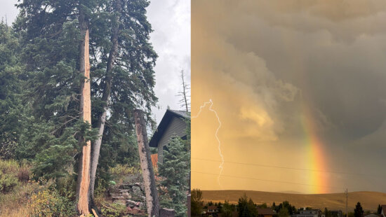 Left: Lightning struck a tree in Summit Park Thursday night, throwing debris and wood. Right: Lightning and a rainbow over Silver Creek Estates as a thunderstorm moves through.