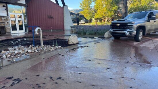 Water overflowing onto sidewalks in Newpark due to water line break.