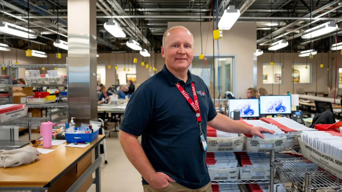 Davis County Clerk Brian McKenzie poses for a photo in a ballot processing center at the Davis County Administrative Building in Farmington on Election Day, Tuesday, Nov. 5, 2024.
