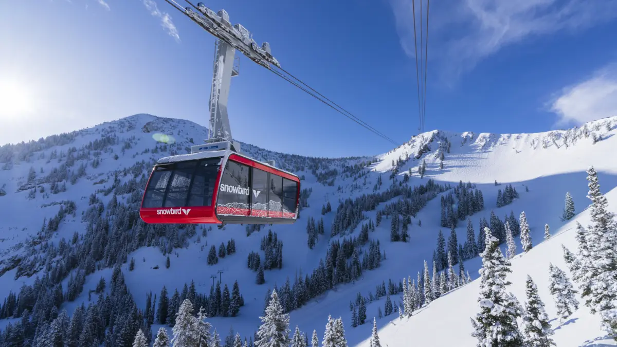 Snowbird’s Aerial Tram climbs toward Hidden Peak above Little Cottonwood Canyon. The resort will host the first of two Freeride World Tour finals on Mount Baldy March 16-22, 2027, its first FWT stop since 2014.