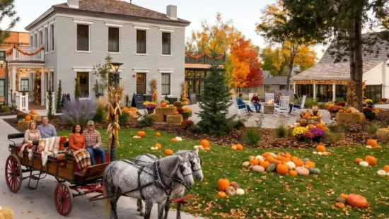A horse-drawn carriage passes through Homestead Midway Utah during Fall Fest, which features pumpkins, seasonal treats and family activities through Oct. 18.