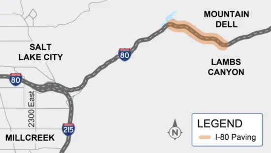 Westbound I-80 near Lambs Canyon will be reduced to two lanes during daytime construction through Wednesday, Oct. 21.